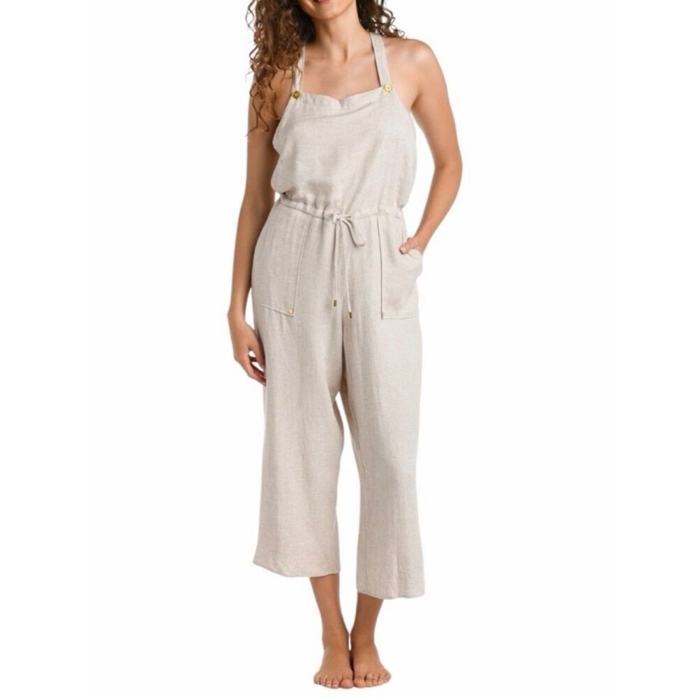 La Blanca Delphine Linen Blend Wide Leg Jumpsuit Drawstring Waist Tan Small NEW
